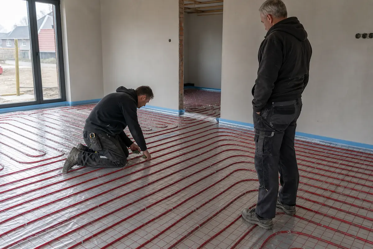 Draadstaalmatten leggen en vloerverwarming vastbinden