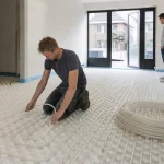 Doe-het-zelver bij noppenplaat leggen van vloerverwarming in een lege ruimte