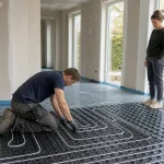 Doe-het-zelver kiest tussen tackerplaat of noppenplaat voor vloerverwarming op een lege vloer